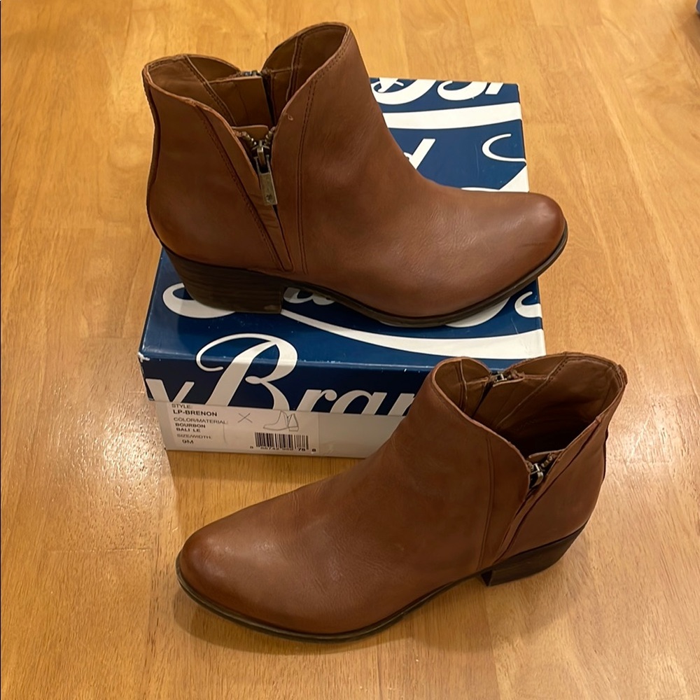 Lucky Brand LP Brenon Brown Leather Ankle Booties Side Zippers Size 9